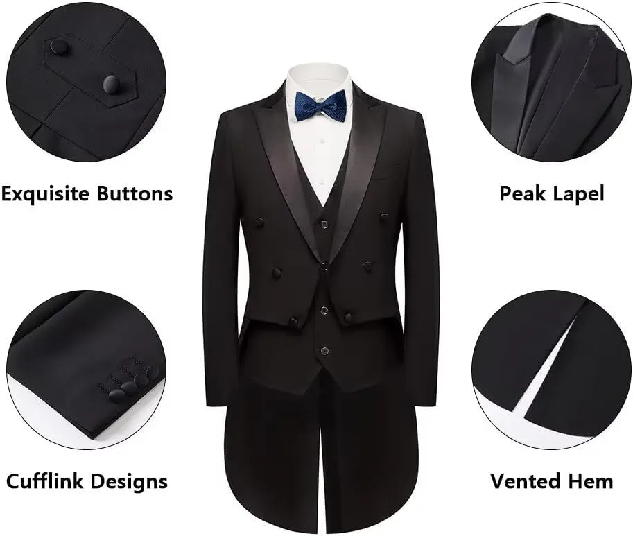 Mens Suits 3 Piece Slim Fit Formal Tailcoat Blazer Pants Vest Set for Performance Long Tail Tuxedos Wedding Dress Coat