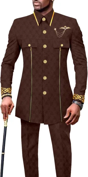 Men`s Suits African Clothes Slim Fit Embroidery Single Breasted Full Sleeve Zip Blazer and Pants Set