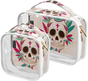 Mexican-skull Background 2 Pack Clear Toiletry Bag Women Men, Portable Waterproof Clear Pouch, Cosmetic Bag with Double Zippers Large Opening Traveling with Handle for Bathroom Traveling Vacation Orga