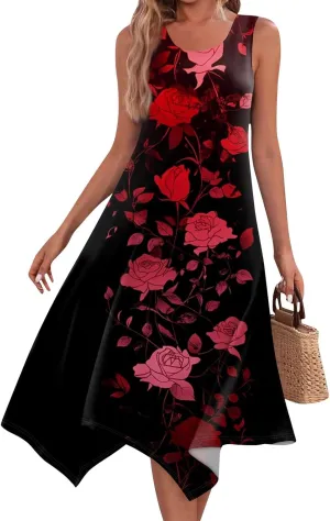 Midi Dress for Women Summer Sleeveless Irregular Hem Mid Length Dress for Women U-Neck Dresses A Line with Pockets