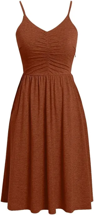 Midi Dresses for Women Sexy Stretch V Neck Empire Waist Summer Beach Cami Dress Casual Spaghetti Strap Ruffle Tank Sundress