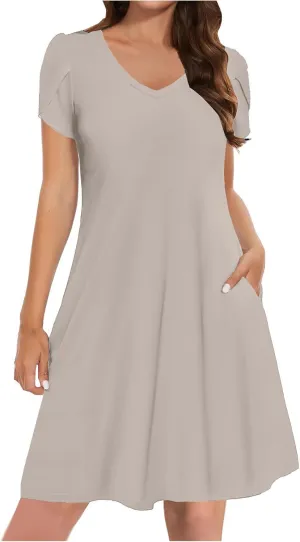 Mini Dresses for Women Casual V-Neck Short Sleeve Sundresses Ladies Fashion Summer Beach Short Dress with Pockets