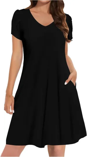 Mini Dresses for Women Casual V-Neck Short Sleeve Sundresses Ladies Fashion Summer Beach Short Dress with Pockets