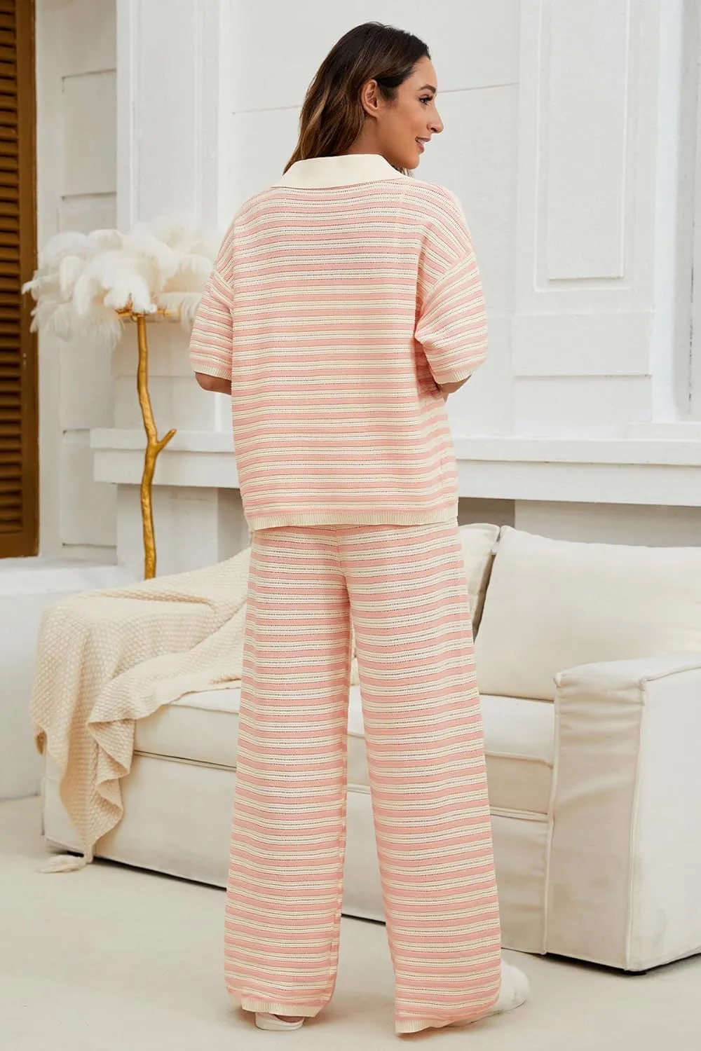 Moreone Womens Short Sleeve Striped Pajama Sets Knit Button Top And Long Pants 2 Piece Lounge Sets