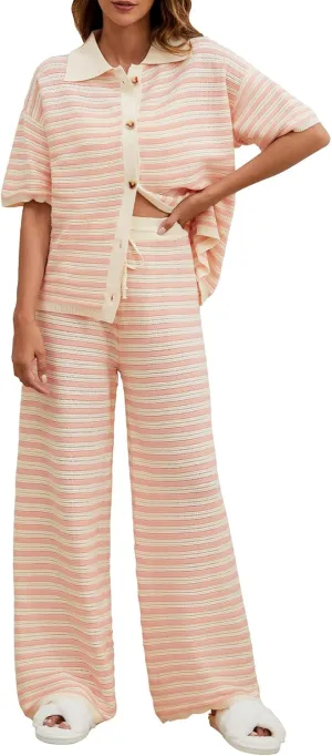 Moreone Womens Short Sleeve Striped Pajama Sets Knit Button Top And Long Pants 2 Piece Lounge Sets