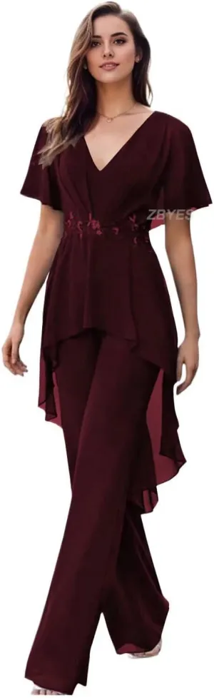 Mother of The Bride Pantsuits for Wedding Chiffon V Neck Formal Outfits with Sleeves