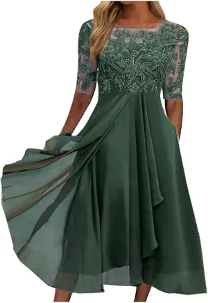 Mother of The Groom Dresses for Wedding Lace Appliques Short Sleeves High Low Crew Neck Chiffon Formal Evening Dress