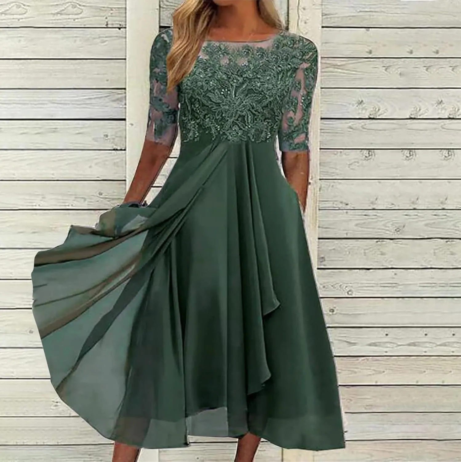 Mother of The Groom Dresses for Wedding Lace Appliques Short Sleeves High Low Crew Neck Chiffon Formal Evening Dress