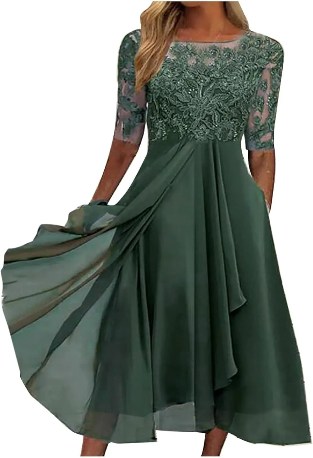 Mother of The Groom Dresses for Wedding Lace Appliques Short Sleeves High Low Crew Neck Chiffon Formal Evening Dress
