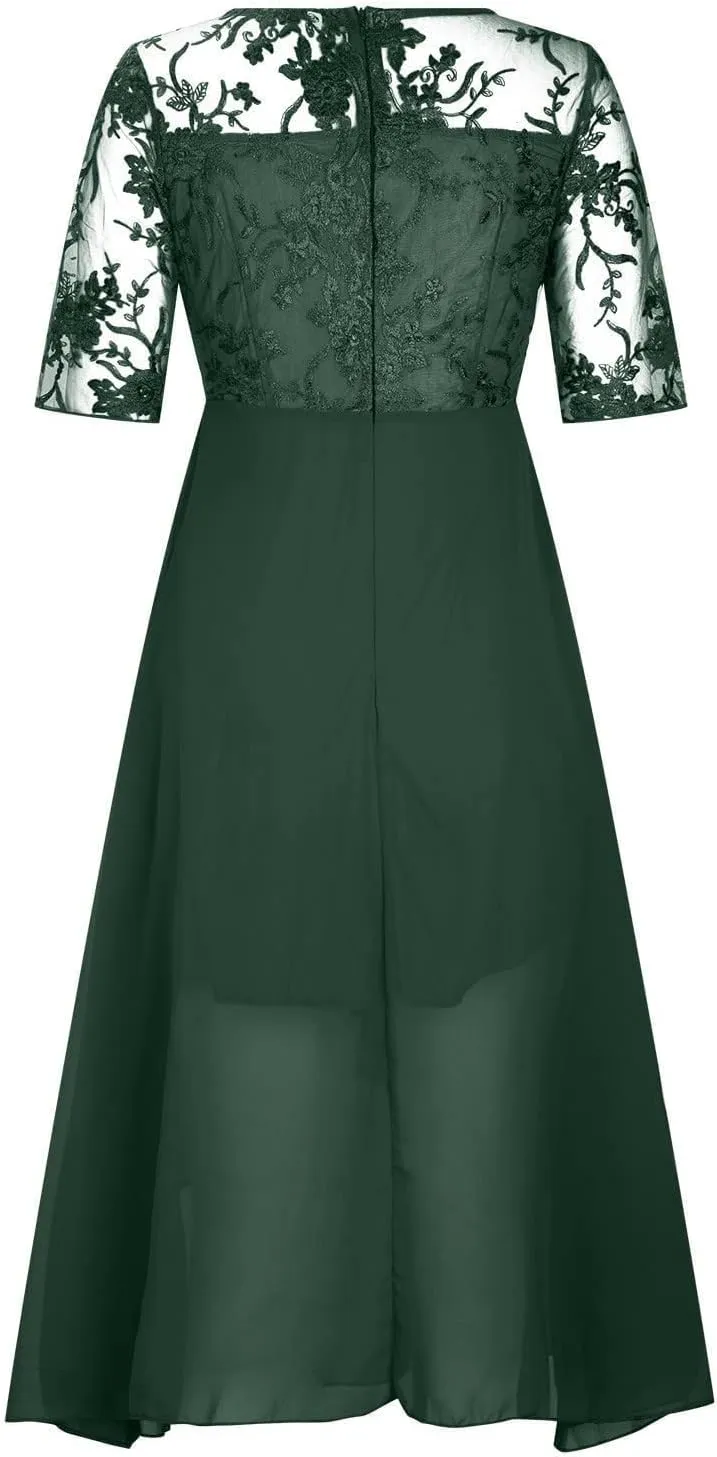 Mother of The Groom Dresses for Wedding Lace Appliques Short Sleeves High Low Crew Neck Chiffon Formal Evening Dress