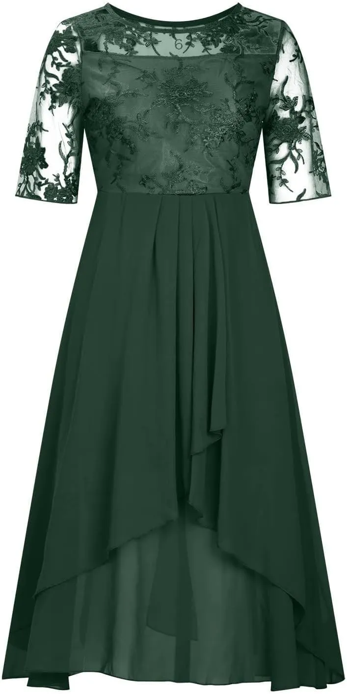 Mother of The Groom Dresses for Wedding Lace Appliques Short Sleeves High Low Crew Neck Chiffon Formal Evening Dress