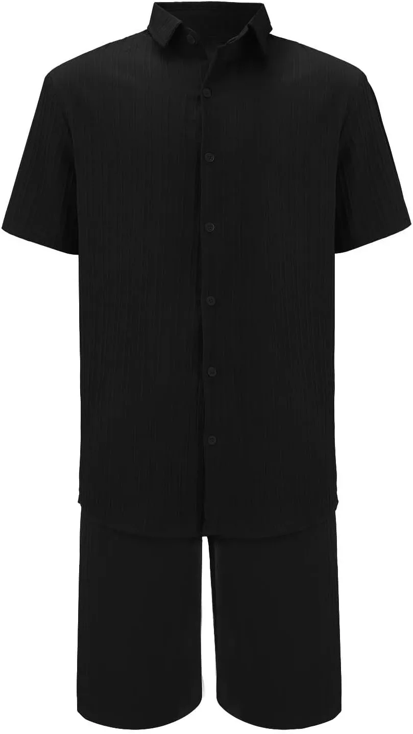 Muyise Men Short Sets 2 Piece Summer Outfits Casual Summer Button Down Short Sleeve Hawaiian Shirt and Drawstring Beach Short