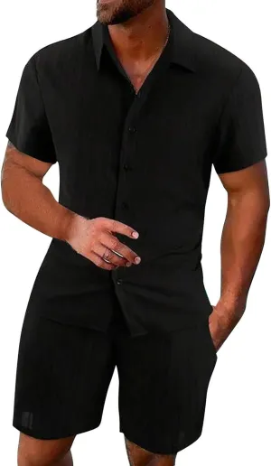 Muyise Men Short Sets 2 Piece Summer Outfits Casual Summer Button Down Short Sleeve Hawaiian Shirt and Drawstring Beach Short