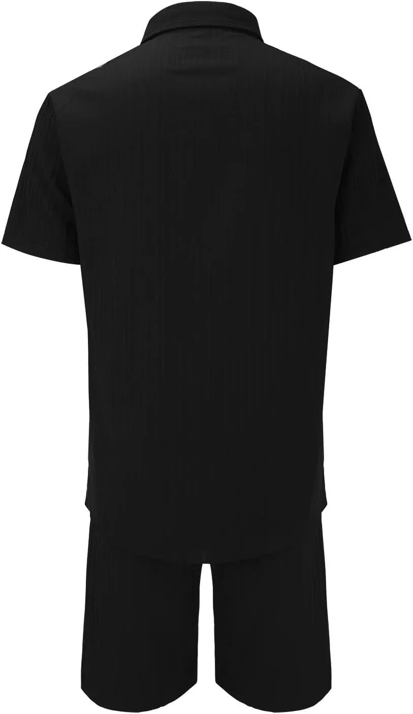Muyise Men Short Sets 2 Piece Summer Outfits Casual Summer Button Down Short Sleeve Hawaiian Shirt and Drawstring Beach Short