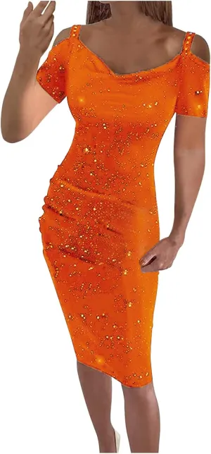 NaRHbrg Women's Ruched Bodycon Dresses Off Shoulder Short Sleeve Midi Dress V Neck Sequin Sparkle Glitzy Party Dress Clubwear