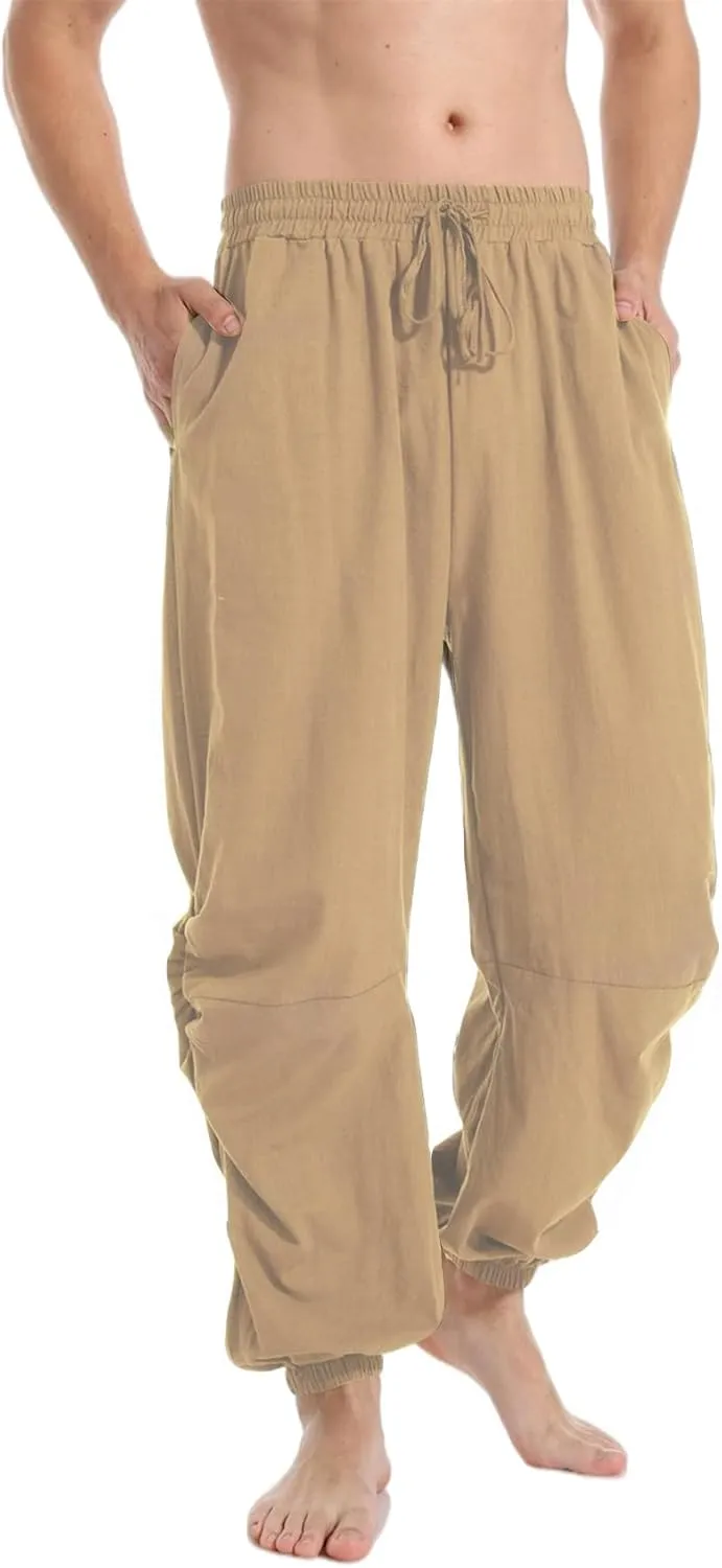 PACEIADTA Mens Cotton Linen Drawstring Pants Elastic Waist Casual Jogger Yoga Pants (32, Khaki)