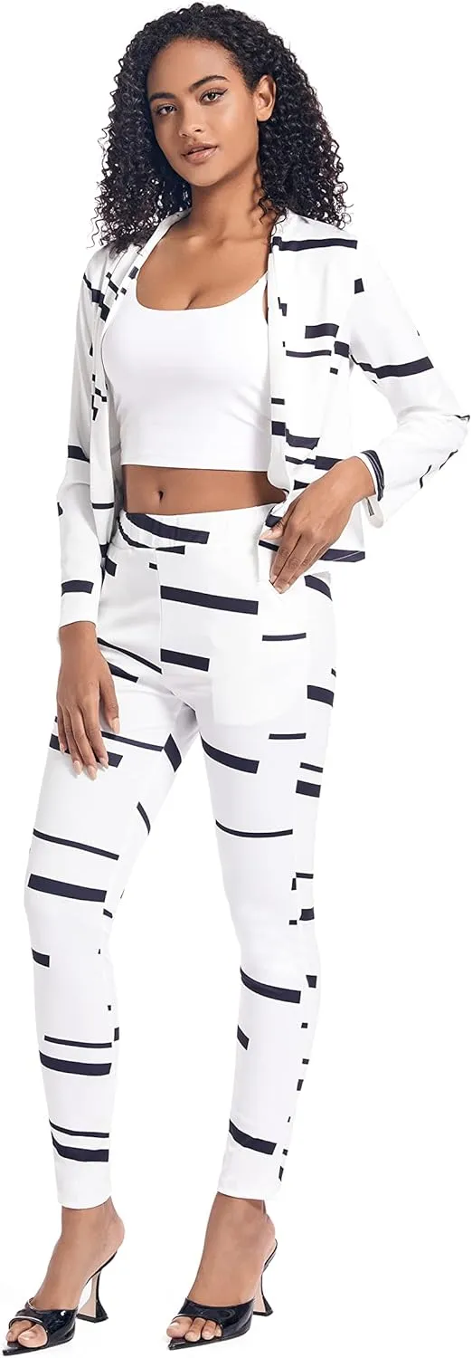 PAODIKUAI Women's 2 Piece Outfits Long Sleeve Stripe Jacket Top and Pants Suit Set