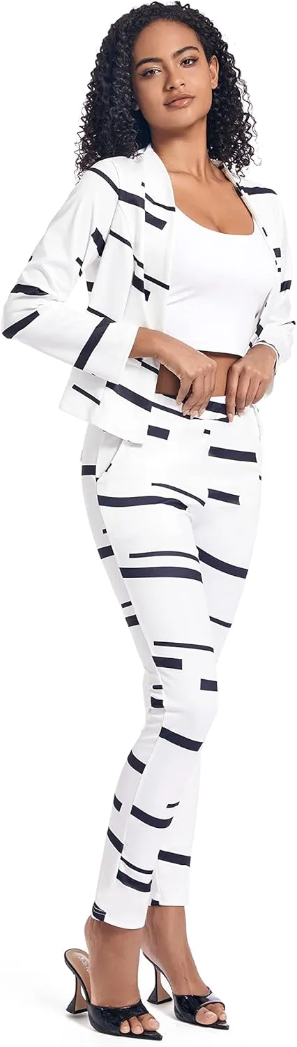 PAODIKUAI Women's 2 Piece Outfits Long Sleeve Stripe Jacket Top and Pants Suit Set