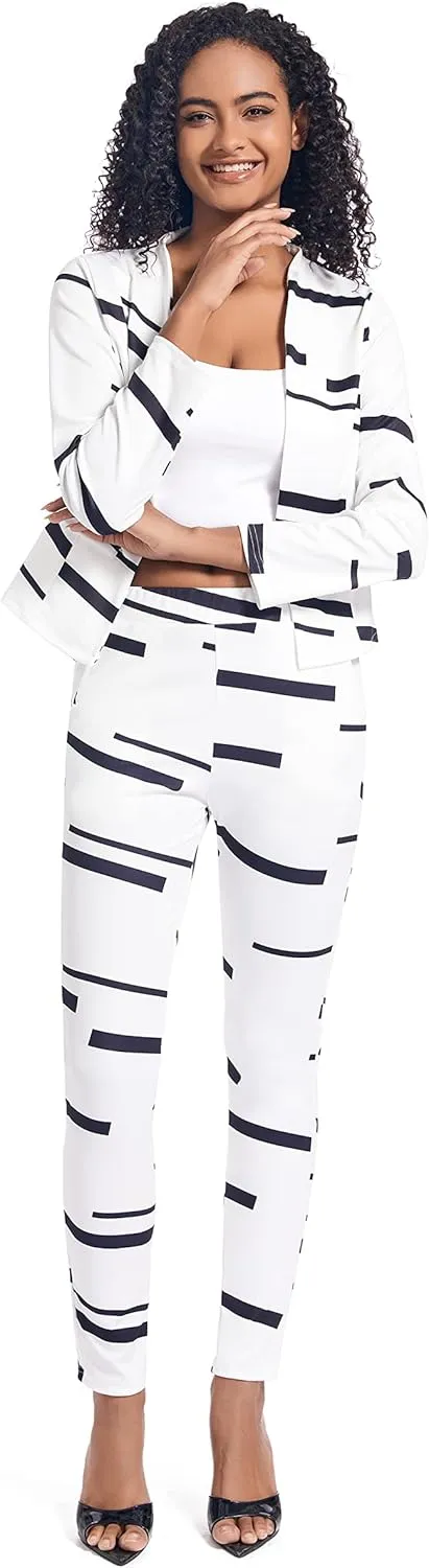 PAODIKUAI Women's 2 Piece Outfits Long Sleeve Stripe Jacket Top and Pants Suit Set