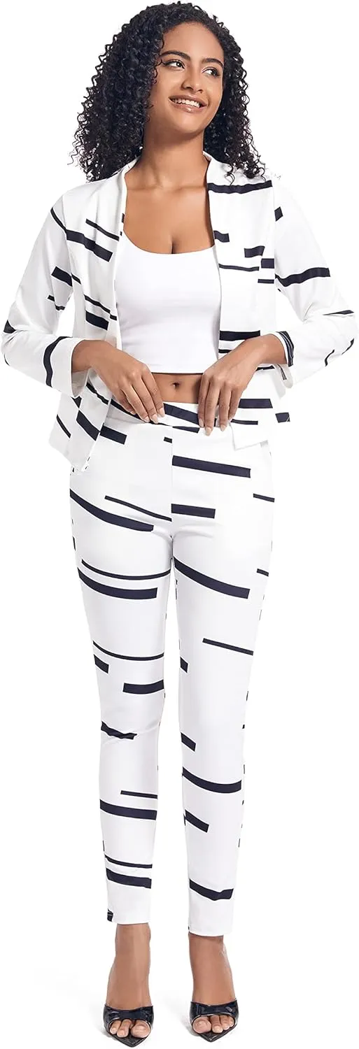 PAODIKUAI Women's 2 Piece Outfits Long Sleeve Stripe Jacket Top and Pants Suit Set