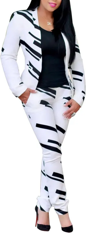 PAODIKUAI Women's 2 Piece Outfits Long Sleeve Stripe Jacket Top and Pants Suit Set