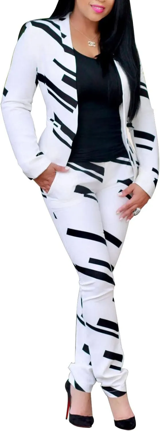 PAODIKUAI Women's 2 Piece Outfits Long Sleeve Stripe Jacket Top and Pants Suit Set