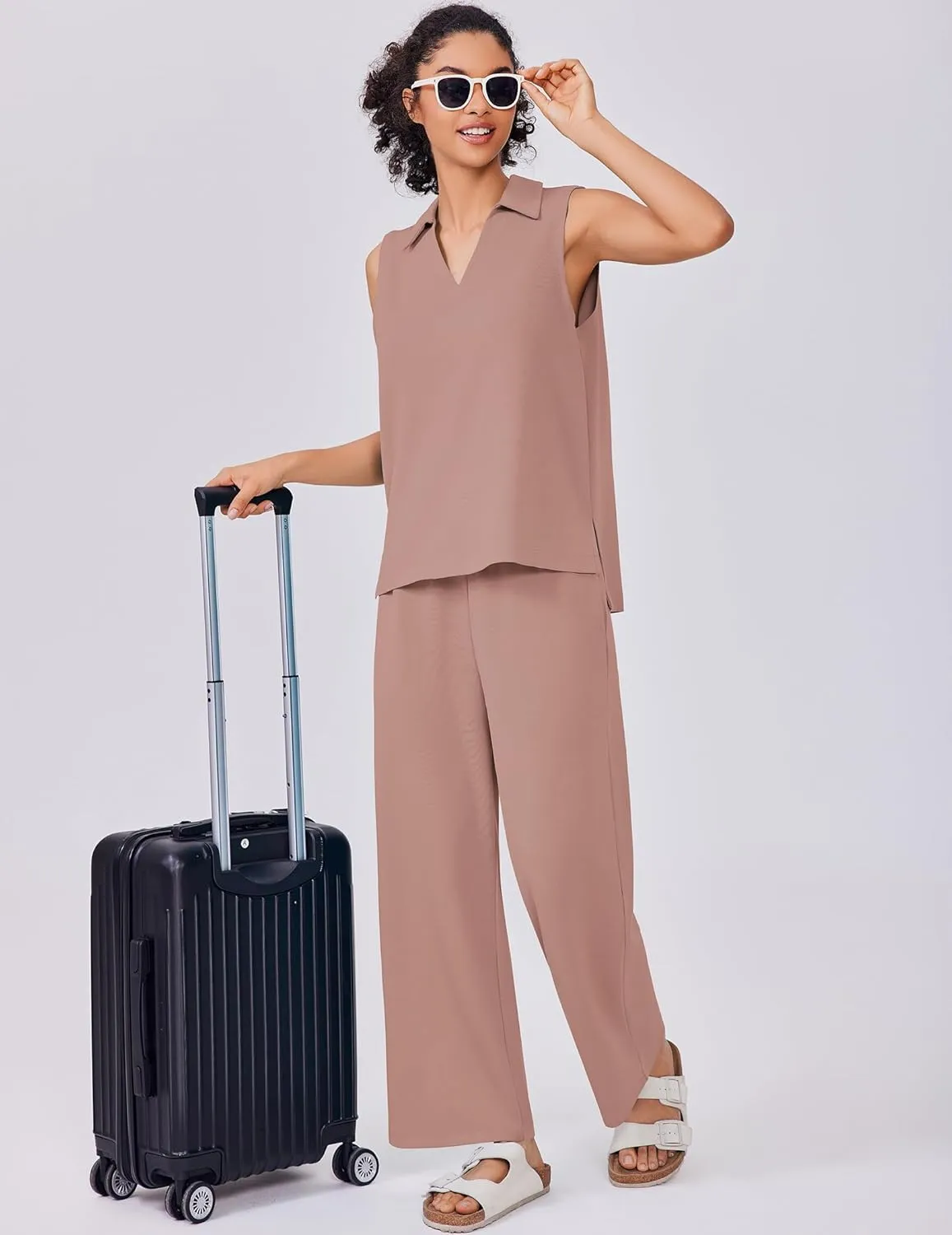 PINSPARK Two Piece Sets for Women Sleeveless Outfits Travel Tracksuit V Neck Top Wide Leg Pant Lounge Sets 2025 Summer