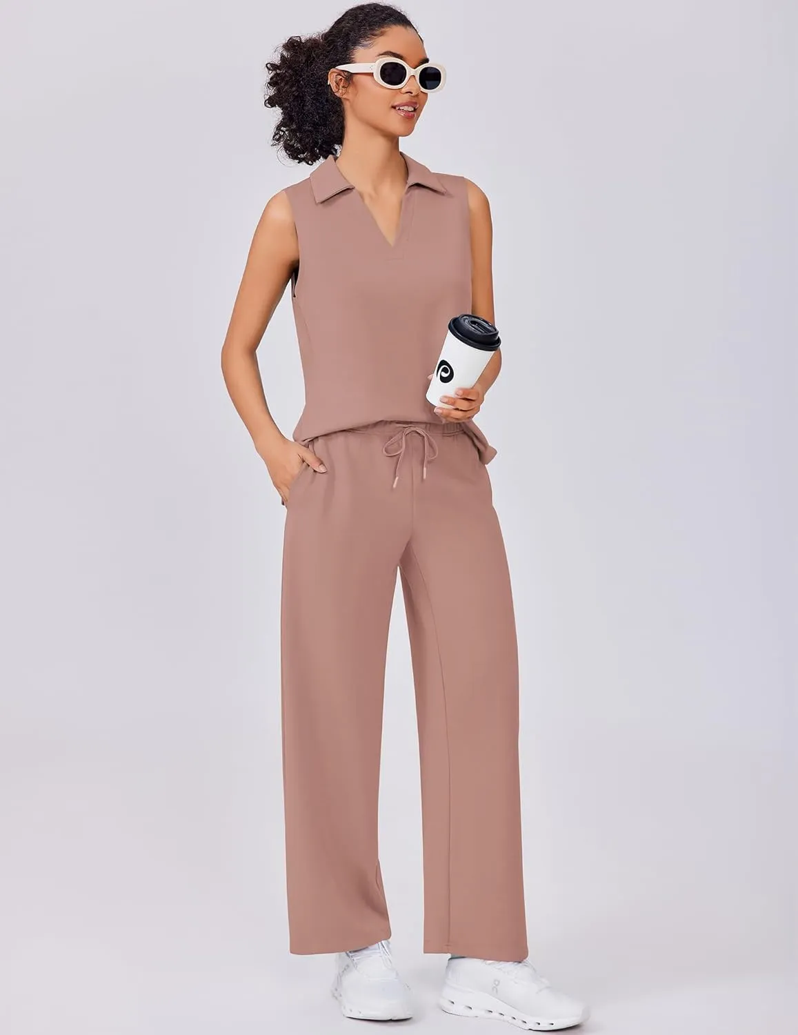 PINSPARK Two Piece Sets for Women Sleeveless Outfits Travel Tracksuit V Neck Top Wide Leg Pant Lounge Sets 2025 Summer