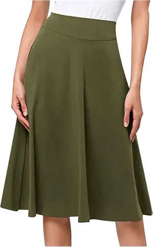 Pleated Midi Skirts for Women, 2024 Summer Fashion Long High Waisted Flare Casual Stretch Knit Knee Length Skirt