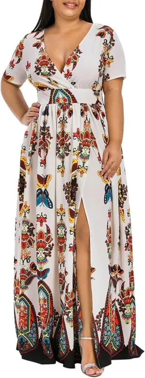 Plus Size Dresses for Curvy Women,2024 Spring Summer Elegant Wrap V Neck Bodycon Maxi Dress,Trendy Vintage Floral Print Short Sleeve Boho Dress,Flowy Ruched High Slit Beach Dress(D-White,5XL)