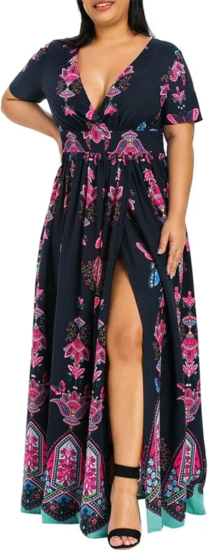Plus Size Dresses for Women,2023 Summer Elegant Sexy Bodycon Wedding Guest Dress,Trendy Floral Boho Maxi Dress