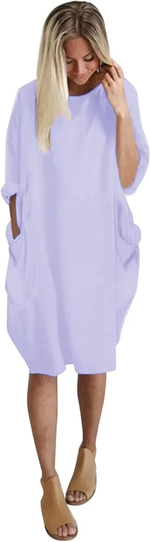 Plus Size Midi Sweater Dress for Women Long Sleeve Crewneck Knee Length Dresses with Pockets Spring Casual Sundress