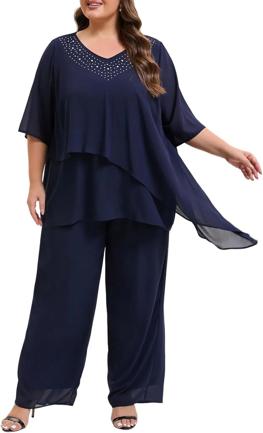 Plus Size Mother of Bride Pant Suits 2 Piece Ruffle Layers Chiffon Sets High Low Hem Wedding Guest Outfit