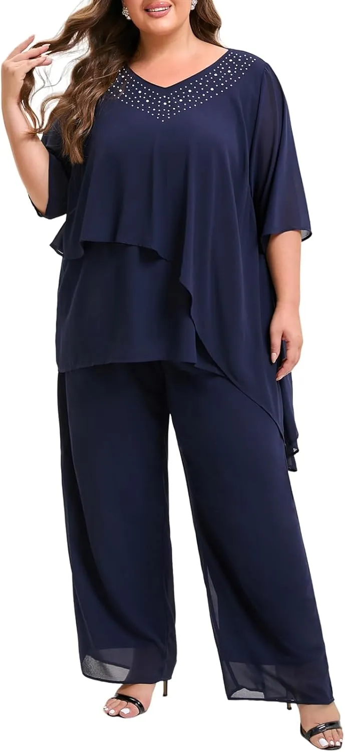 Plus Size Mother of Bride Pant Suits 2 Piece Ruffle Layers Chiffon Sets High Low Hem Wedding Guest Outfit