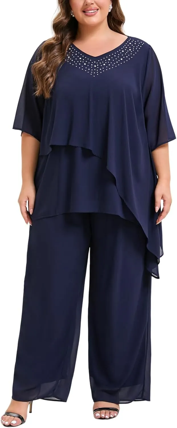 Plus Size Mother of Bride Pant Suits 2 Piece Ruffle Layers Chiffon Sets High Low Hem Wedding Guest Outfit