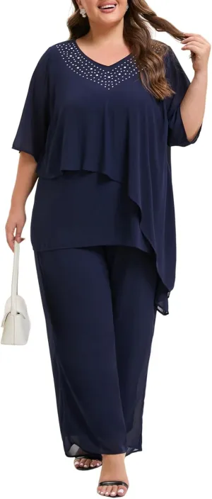 Plus Size Mother of Bride Pant Suits 2 Piece Ruffle Layers Chiffon Sets High Low Hem Wedding Guest Outfit