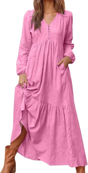 Plus Size Womens Dresses Long Sleeve V Neck 1/4 Button Tiered Ruffle Maxi Dress Trendy Spring Casual Linen Sundress