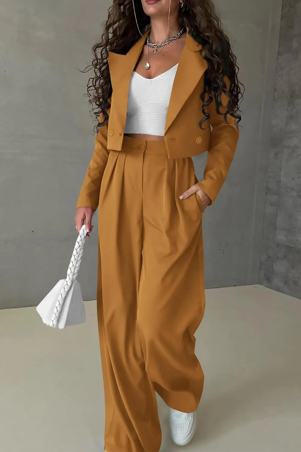 PRETTYGARDEN Women's 2 Piece Casual Outfits Cropped Blazer Jackets High Waisted Wide Leg Work Pants Suit Set