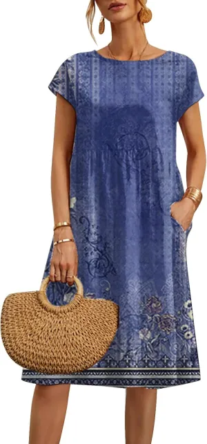 Promo Code Prime Shopping Online peime Dresses for Women 2024 Casual Summer Plus Size Short Sleeves Cute Floral Print Cotton Linen Midi Dress Trendy Flowy Boho Beach Sundress with Pockets