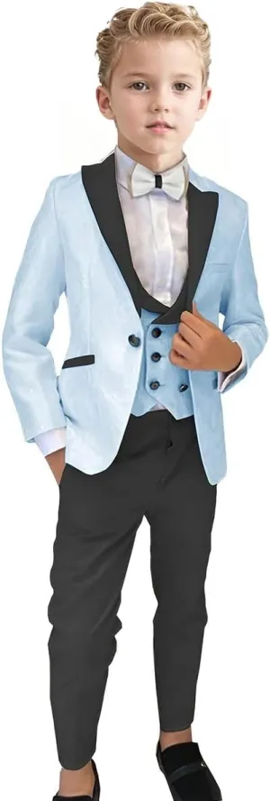 ProPoFol Boys Tuxedo Suit 3 Piece Jacquard Slim Fit Suits for Kids Peak Lapel Formal for Wedding Jacket Vest Pants