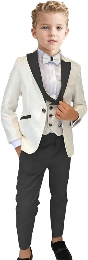 ProPoFol Boys Tuxedo Suit 3 Piece Jacquard Slim Fit Suits for Kids Peak Lapel Formal for Wedding Jacket Vest Pants