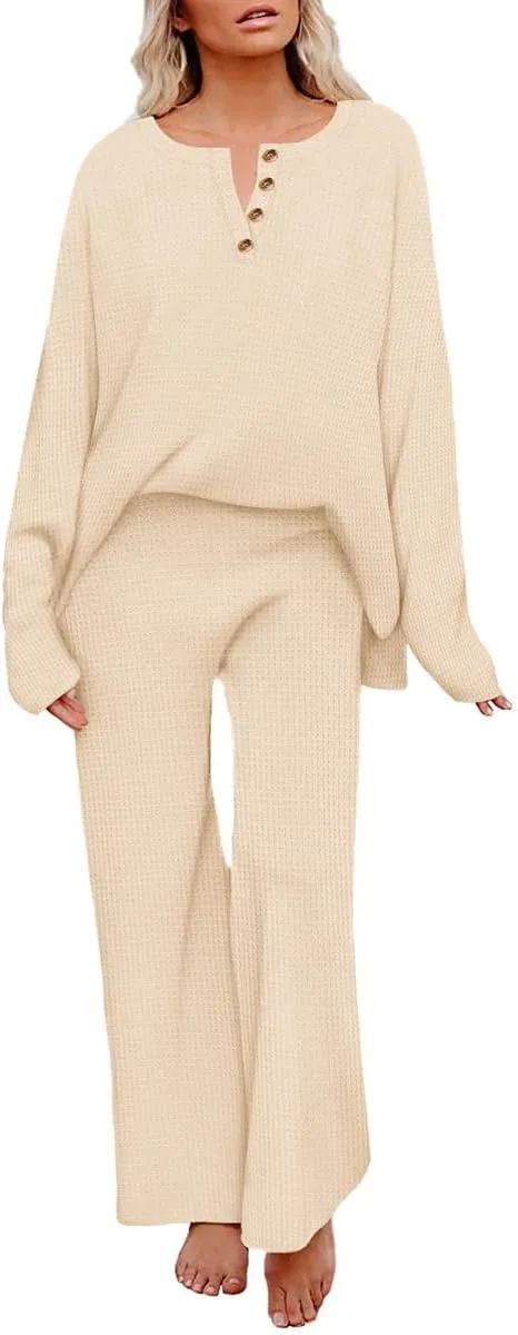 RITERA Plus Size Women 2 Piece Outfits Lounge Sets Knit Waffle Pullover Tops Wide Leg Pants Sweatsuit Pajama Sets XL-5XL