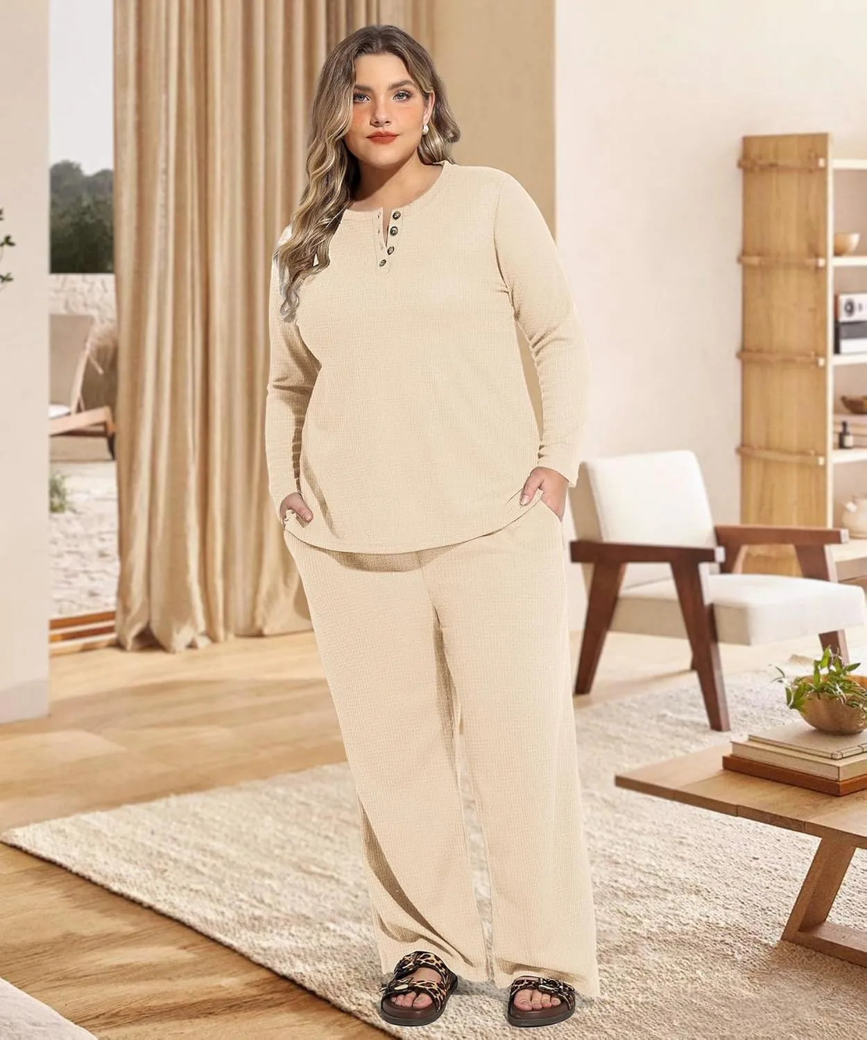 RITERA Plus Size Women 2 Piece Outfits Lounge Sets Knit Waffle Pullover Tops Wide Leg Pants Sweatsuit Pajama Sets XL-5XL