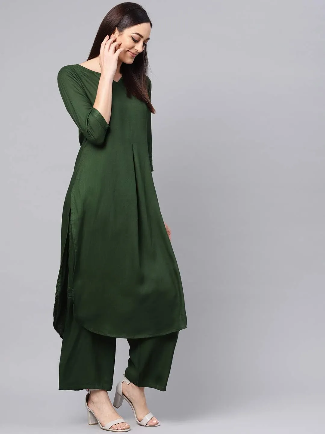 Rose Gold Straight Solid Kurta With Palazzo Pants