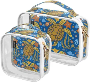 Sea-turtle-cartoon-print 2 Pack Clear Toiletry Bag Women Men, Portable Waterproof Clear Pouch, Cosmetic Bag with Double Zippers Large Opening Traveling with Handle for Bathroom Traveling Vacation Orga