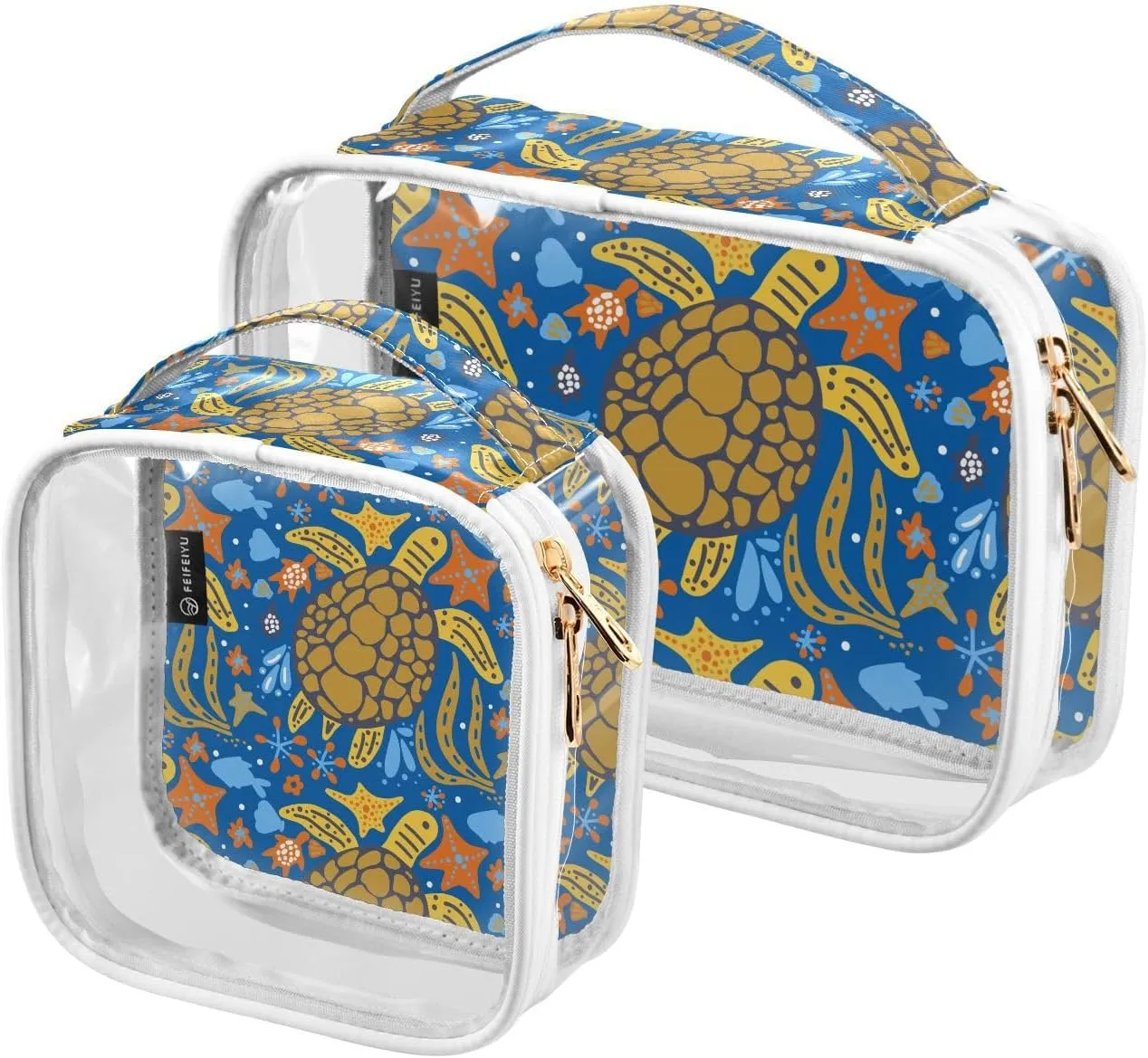 Sea-turtle-cartoon-print 2 Pack Clear Toiletry Bag Women Men, Portable Waterproof Clear Pouch, Cosmetic Bag with Double Zippers Large Opening Traveling with Handle for Bathroom Traveling Vacation Orga