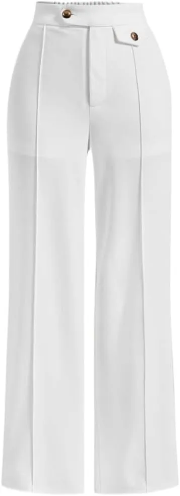 SECOLI Women's Straight Wide Leg Trousers Pants White Casual High Waist Straight Leg Pants
