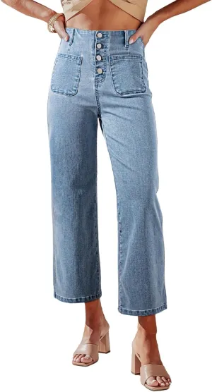 Sidefeel Women's Wide Leg Jeans High Waisted Zimbaplatinum Stretchy Straight Leg Jeans Buttoned Loose Denim Pants with Pocket