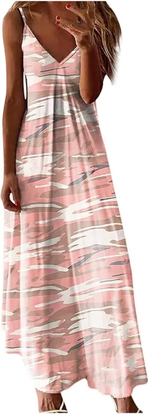 SMIDOW Boho Dresses for Women 2024 Trendy Floral Print Spaghetti Strap Maxi Dress Sexy v Neck Flowy Beach Long Sundress