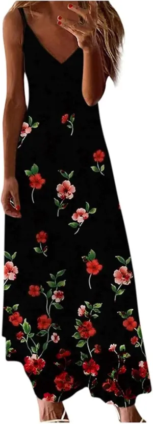 SMIDOW Boho Dresses for Women 2024 Trendy Floral Print Spaghetti Strap Maxi Dress Sexy v Neck Flowy Beach Long Sundress